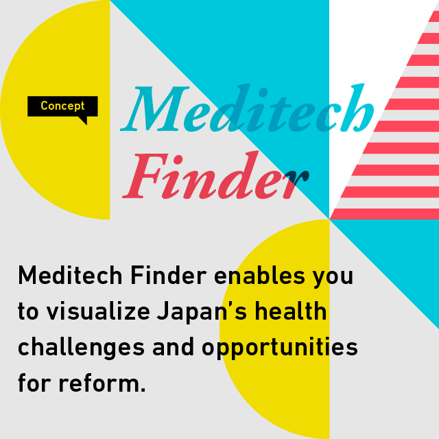 Concept Meditec Finder Visualizing the burden of disease in Japan clearly and intuitively, Meditech Finder will help you understand graphically what Japan’s biggest health challenges are, and how to solve them.