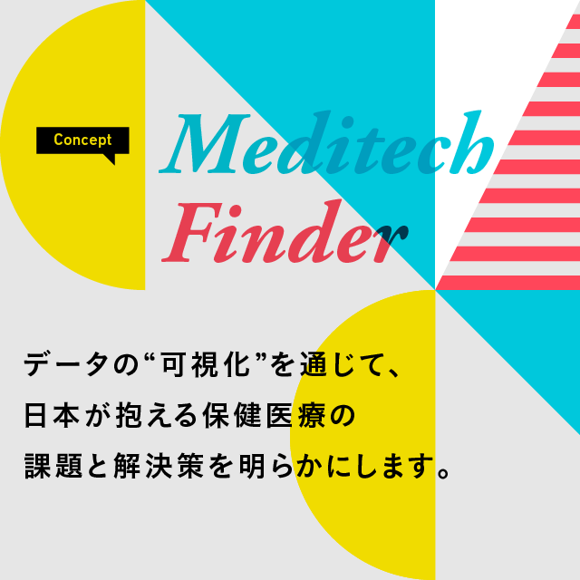 Concept Meditec Finder 日本における疾病負荷の可視化を通じて、Meditech Finder は我が国が直面している最も大きな課題とは何なのか、そしてどう解決すればよいのかを視覚的に理解する手助けを行います。